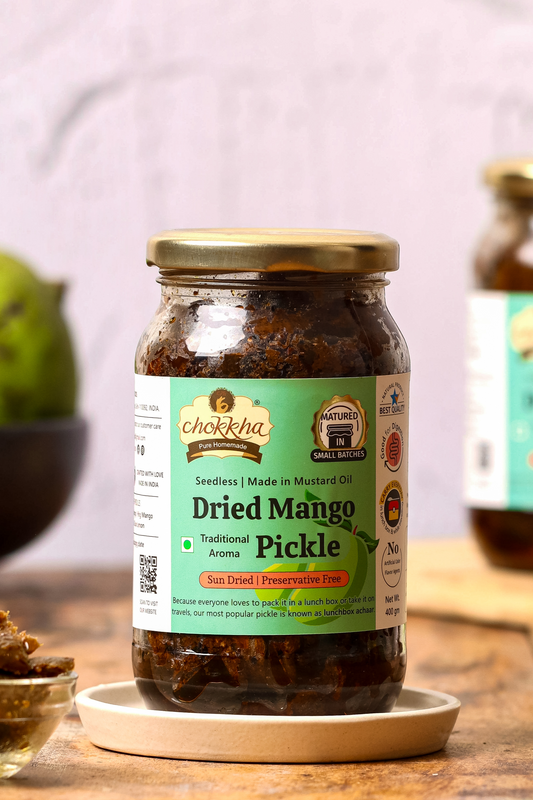 Chokkha homemade mango pickle (aam ka achar) in a jar