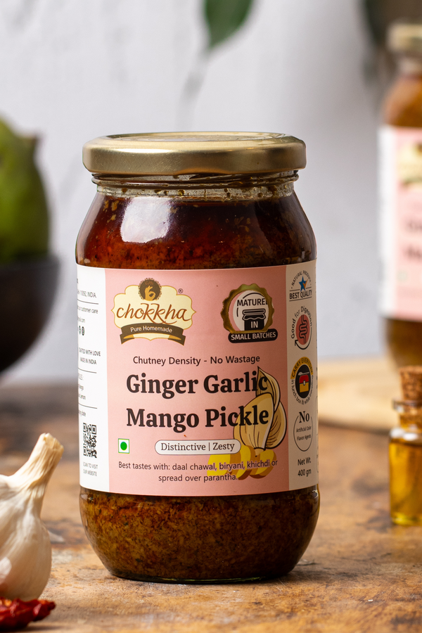 Ginger Garlic Mango Pickle – Crushed Garlic Aam Ka Achar in Mustard Oil