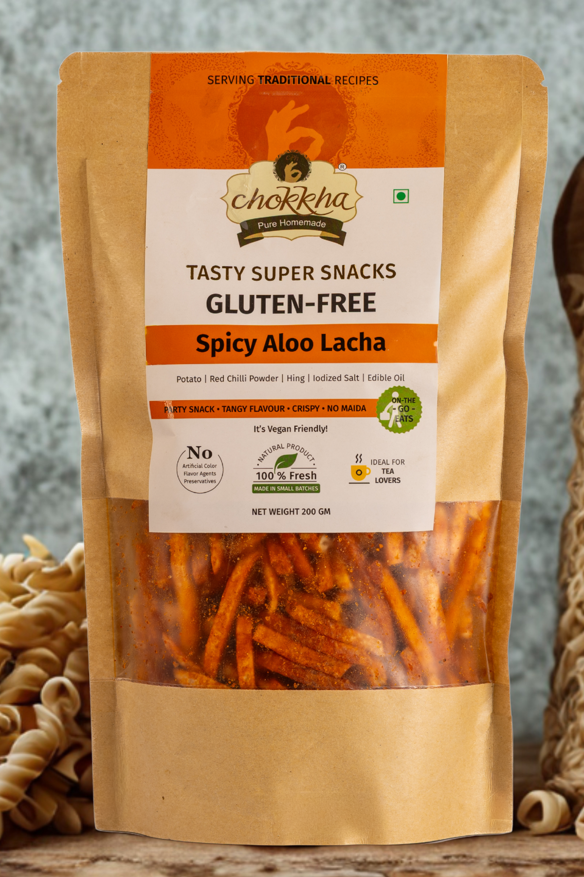 Chokkha Gluten-Free Spicy Aloo Lacha – 200g | Healthy & Crispy Potato Snack