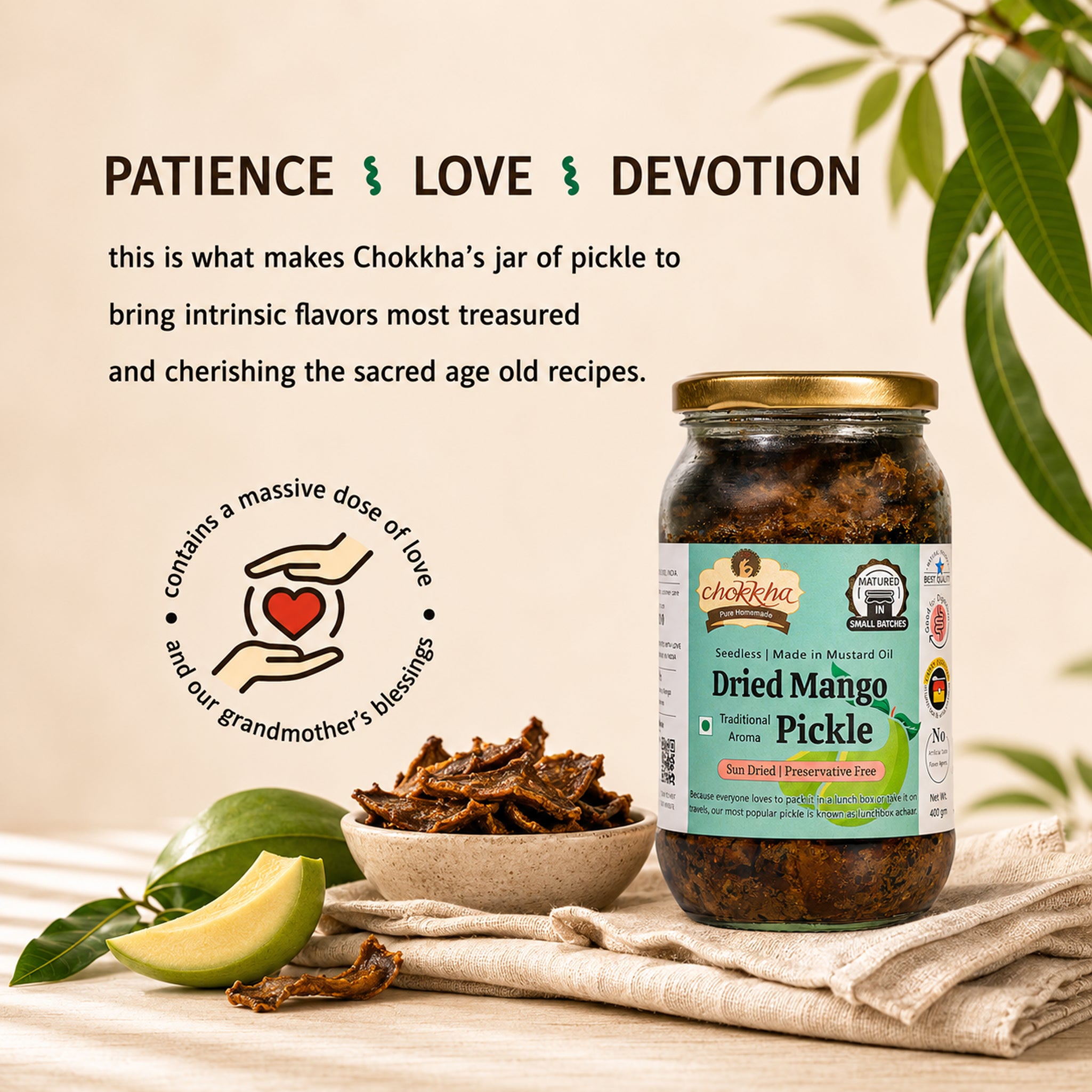 Chokkha Dried Mango Pickle jar and bowl with traditional recipe messaging