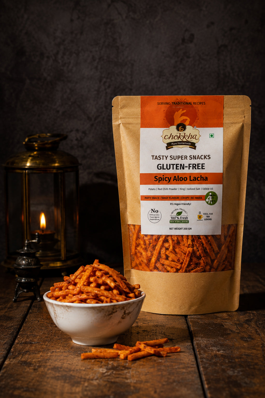 Chokkha Gluten-Free Spicy Aloo Lacha – 200g | Healthy & Crispy Potato Snack