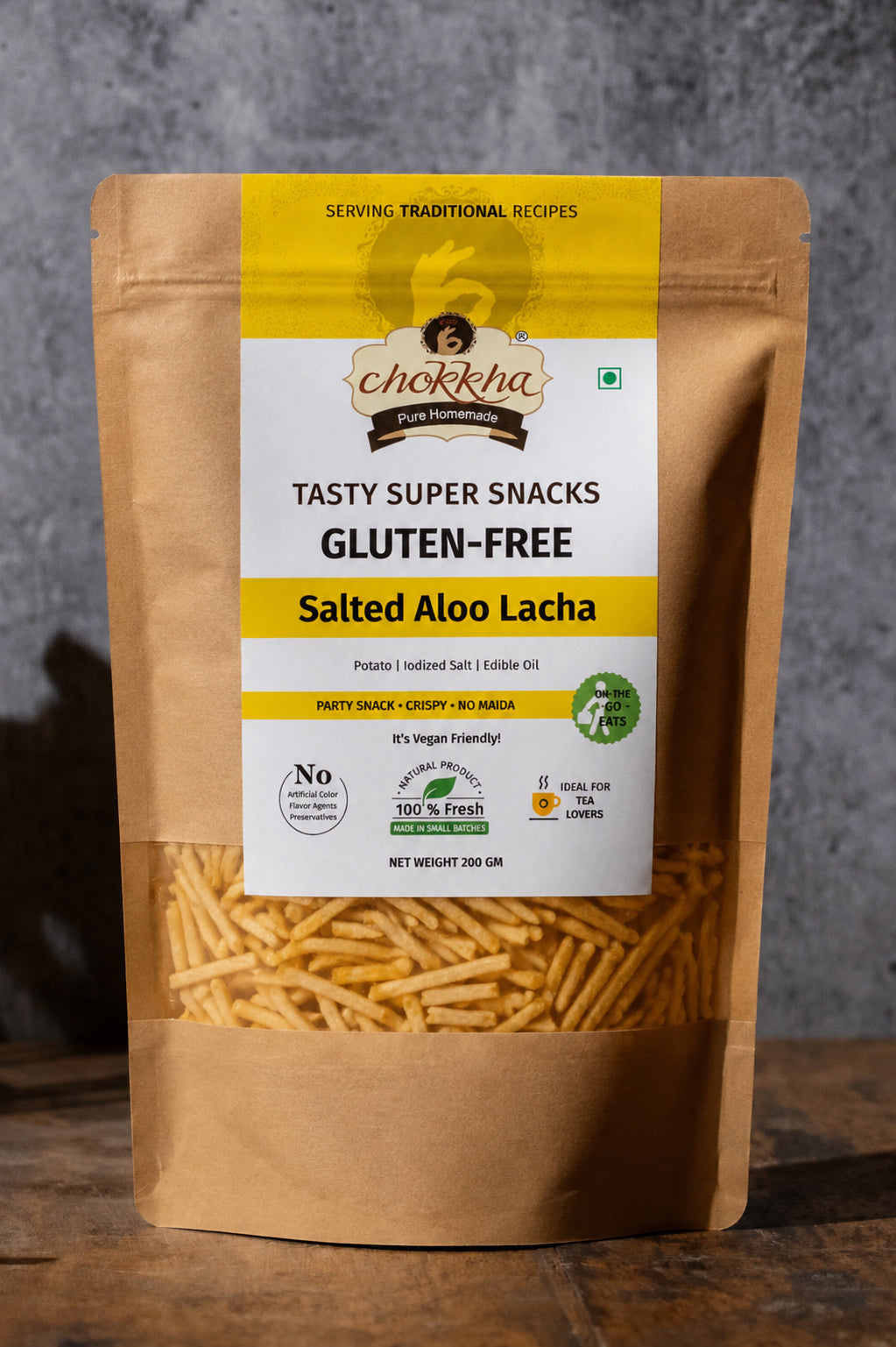 Chokkha Gluten-Free Salted Aloo Lacha – 200g | Light, Crispy & Guilt-Free Snack